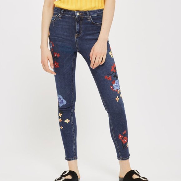 Topshop MOTO Floral Jamie Jeans Size W 25 L 25 Skinny Hand Painted - Picture 3 of 15